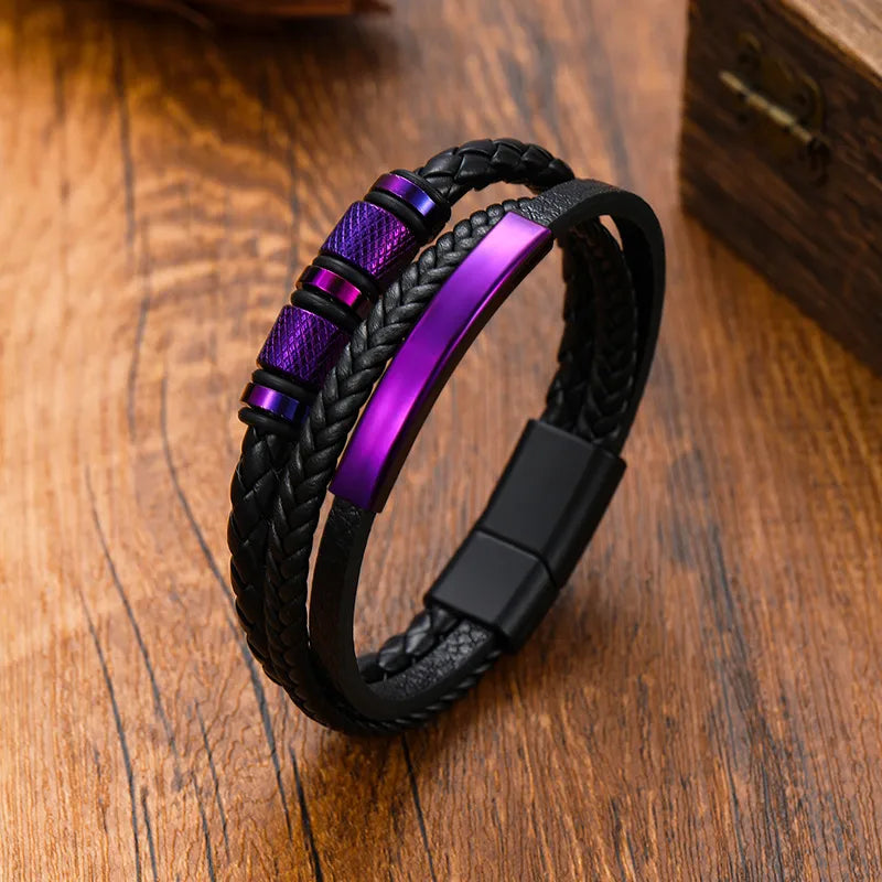 Punk Solid Color Pu Leather Titanium Steel Plating Men's Bangle Men Cord & Leather Bracelets