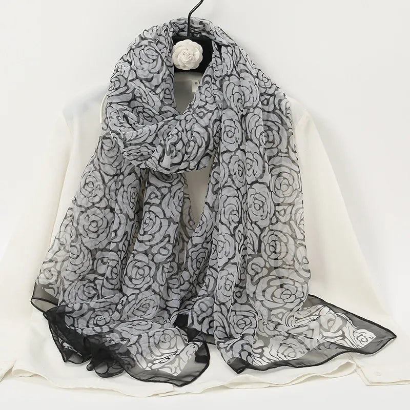women's elegant lady color block high quality yarn printing silk scarf