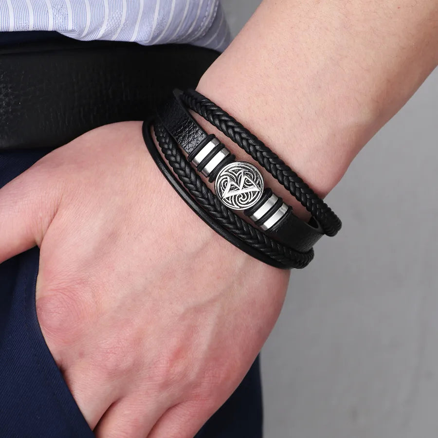 casual totem symbol pu leather alloy knitting men's wristband