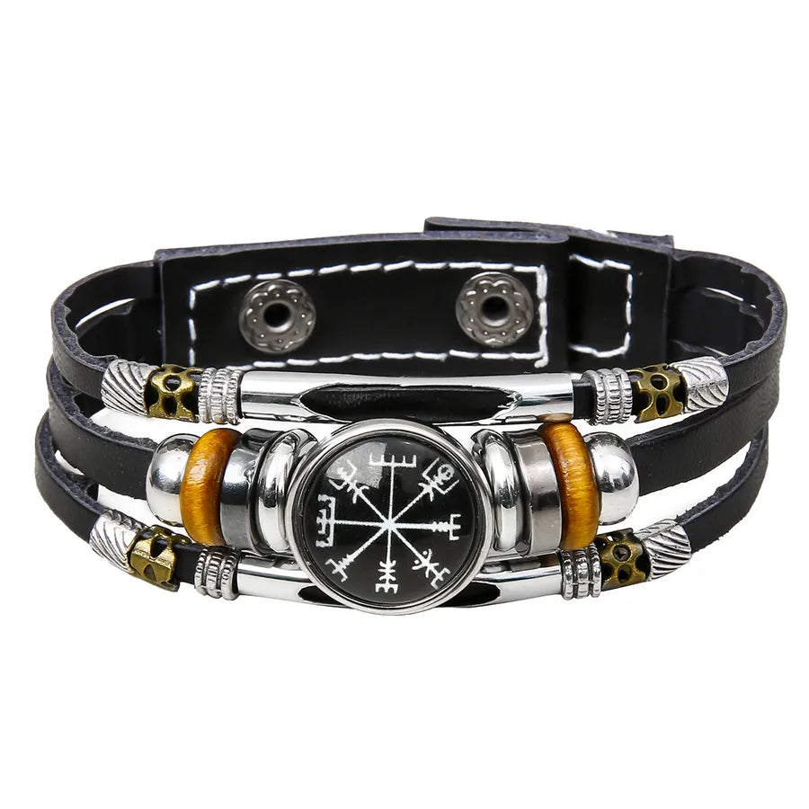 Hot Sale Viking Pirate Compass Pattern Leather Bracelet   Retro Multi-Layer Beaded Bracelet