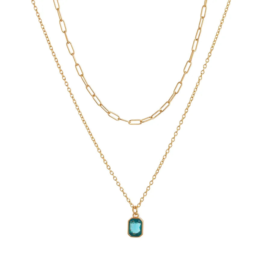 Wholesale Jewelry Lady Simple Style Shiny Rectangle 304 Stainless Steel Zircon 18K Gold Plated Paperclip Chain cable chain Double Layer Necklaces