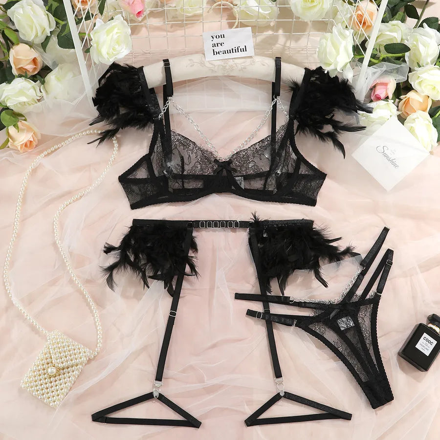 feather floral lace bras sexy feather lace backless low waist thong sexy lingerie
