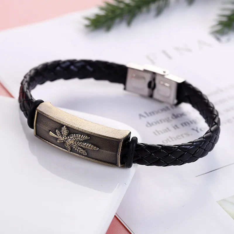 Business Hip-Hop Solid Color 304 Stainless Steel Pu Leather Alloy Men's Bangle Men Cord & Leather Bracelets