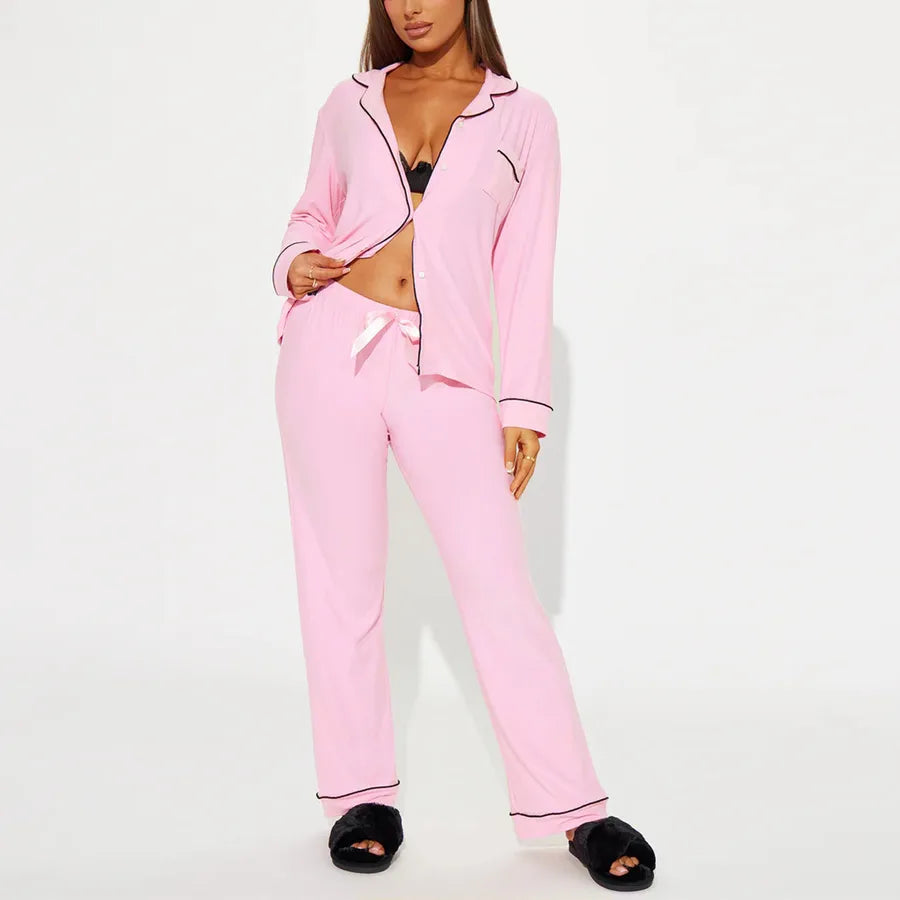 New Women's Sleepwear Casual Long Sleeve Pants Set Autumn Winter Home Clothes Two-Piece Set Striped Pure Color Basic Style