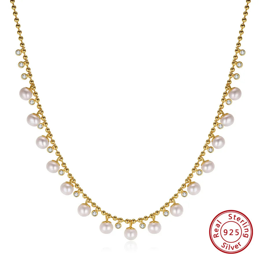925 Sterling Silver Freshwater Pearl cable chain Plating Geometric Double Layer Necklaces Pendant Necklace Necklace