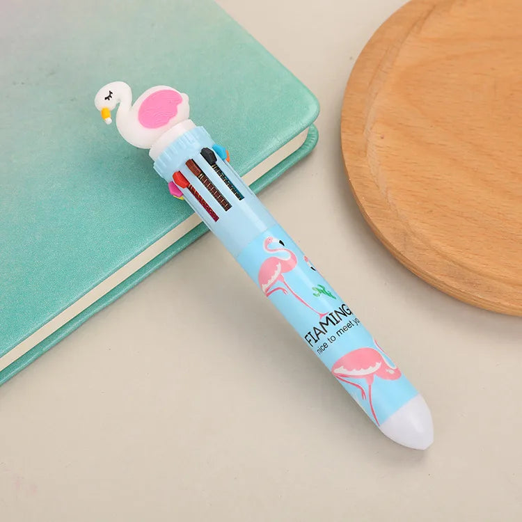 cartoon animal ten-color student stationery retractable ballpoint pen 1pcs