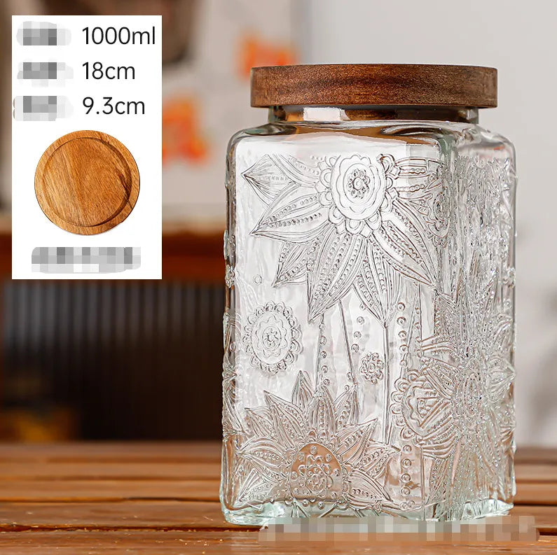 Glass Embossed Glass Sealed Jar Square Storage Jar Snack Dried Fruit Storage Jar Kitchen Household Glass Jar Vintage