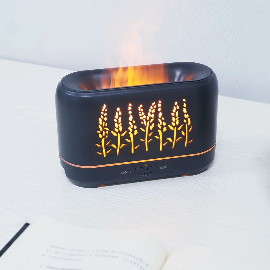New wood grain hollow wheat ear WiFi flame humidifier household flame essential oil aromatherapy machine  products wholesale