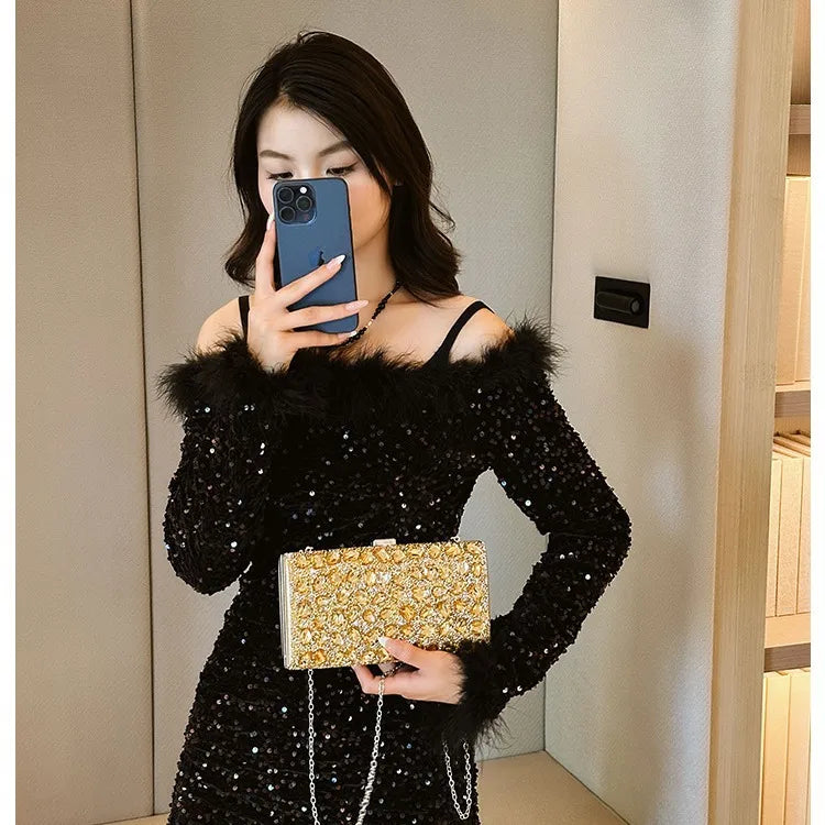 New   Rhinestone Square Banquet Annual Meeting Dress Holiday Clutch Bag Shoulder Bag Women's Bag