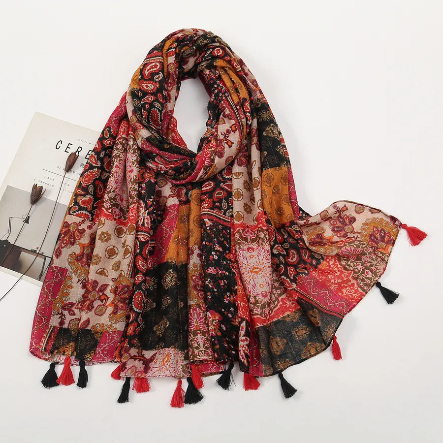 women's retro color block polyester printing scarf