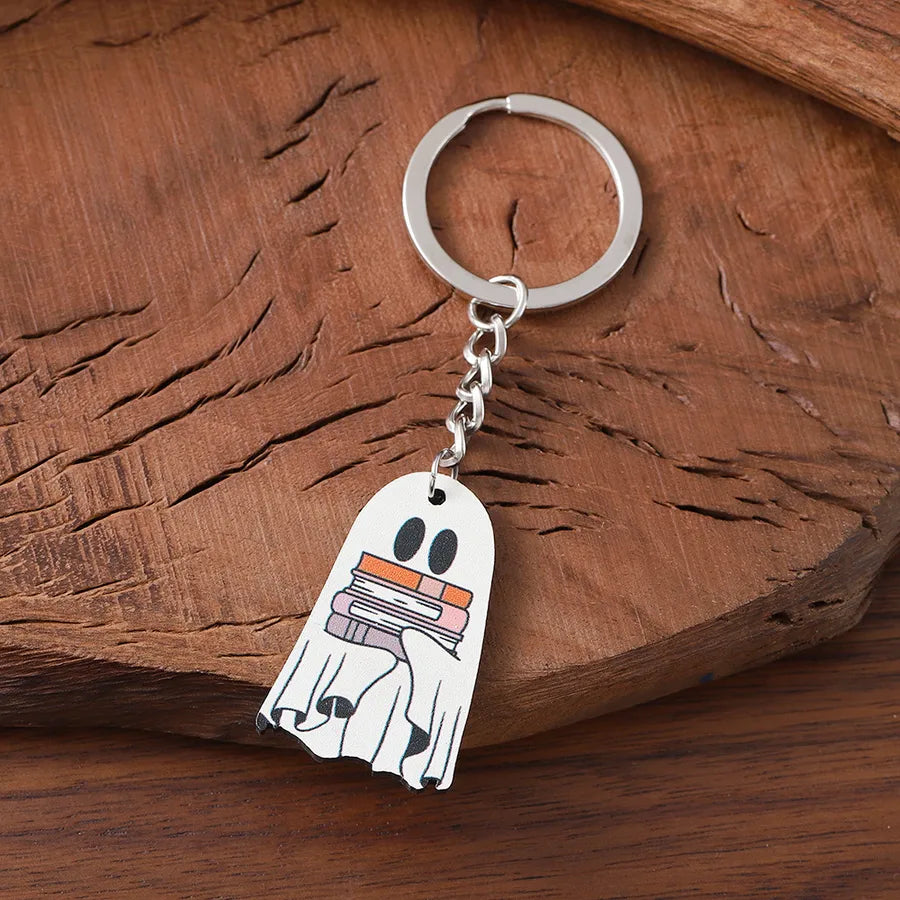 Wooden Halloween Ghost Keychain Pendants Cartoon Style Book Theme Hanging Ornaments Gifts For Party Decorations