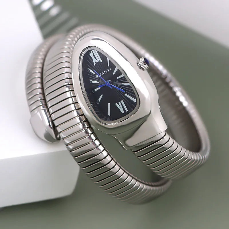 Foreign Trade Snake-shaped Quartz Watch Women's Fashion Two-ring Steel Band Watch All-match Gradient Bracelet Watch Wrapped European and American Watches