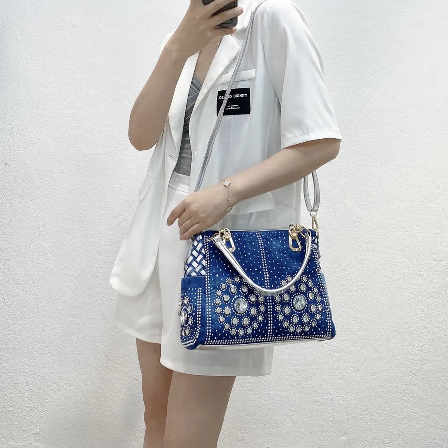 Women's Medium Canvas Geometric Vintage Style Streetwear Weave Square Zipper Tote Bag