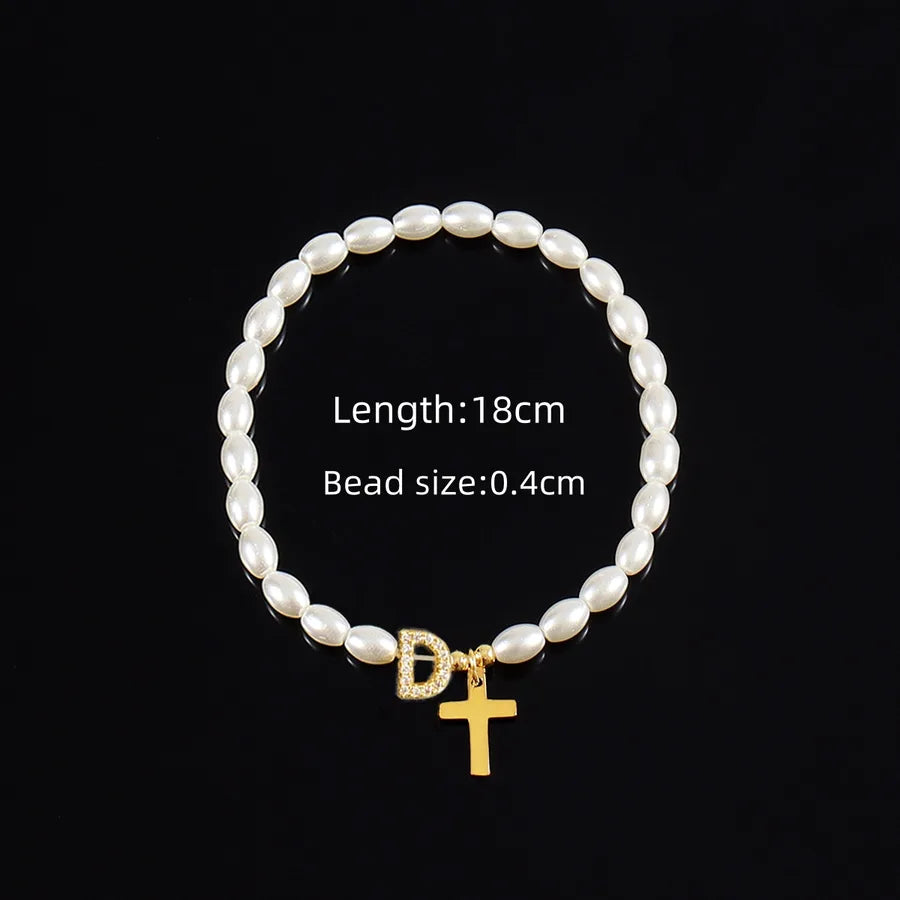 Simple Style Cross Letter 304 Stainless Steel Artificial Pearl Copper Beaded Chain Bracelets In Bulk