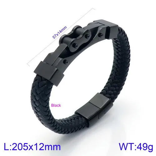 rock punk geometric pu leather titanium steel braid chain men's bangle