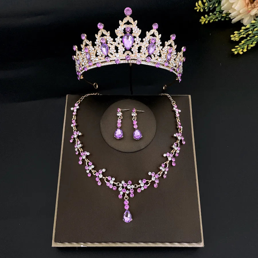 sweet water droplets heart shape alloy plating inlay rhinestones women's crown earrings necklace