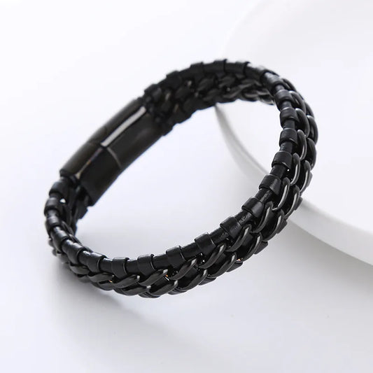 1 piece simple style geometric stainless steel leather patchwork men's bracelets