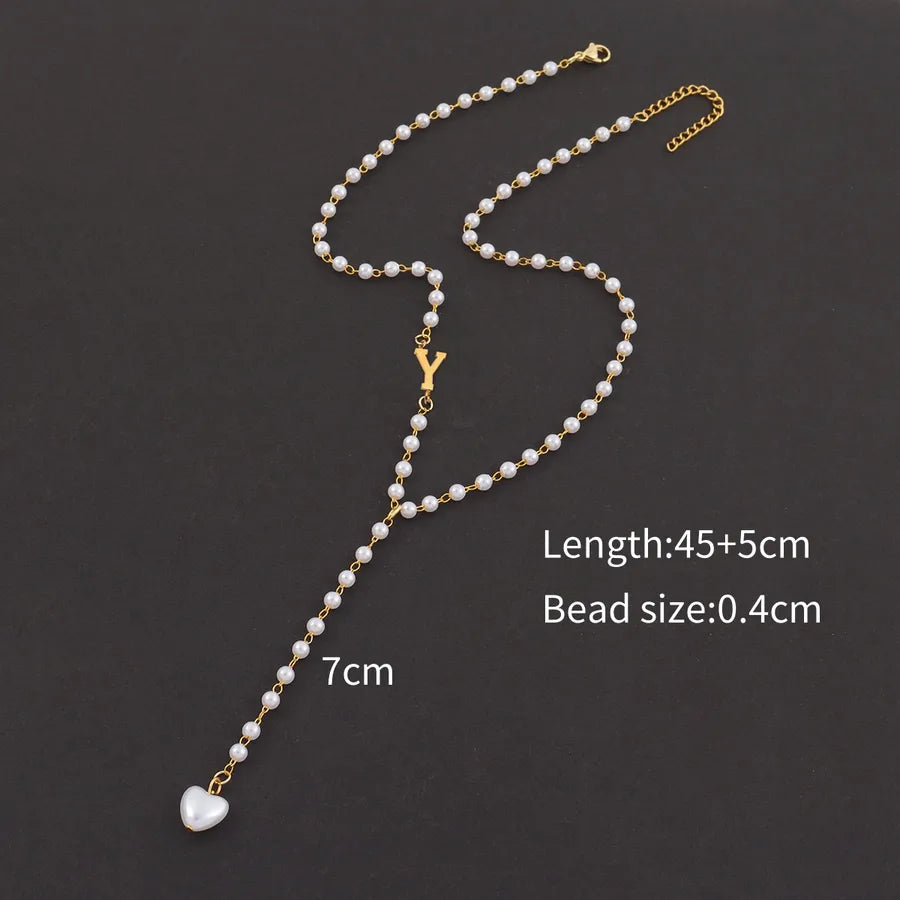 Casual Simple Style Classic Style letter Heart Shape 304 Stainless Steel Artificial Pearl Beaded Chain Y-necklaces Wholesale