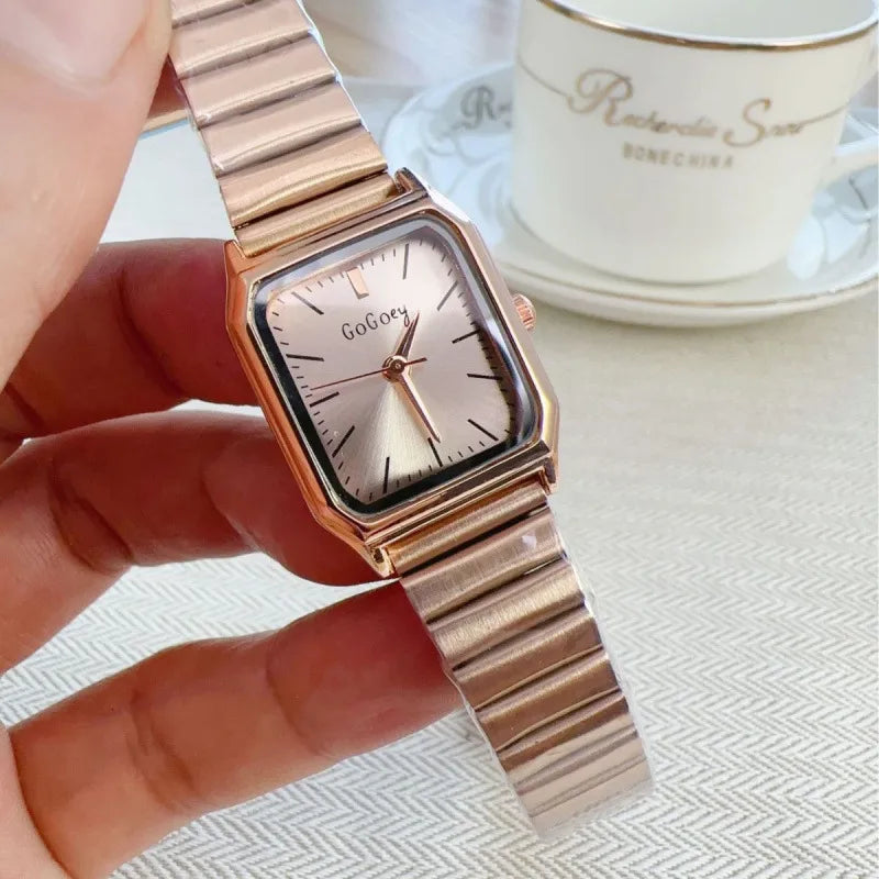 Elegant Quartz Women's Watch Square Steel Band Simple Fashion Retro New Model Round Dial Leather Strap Casual Style