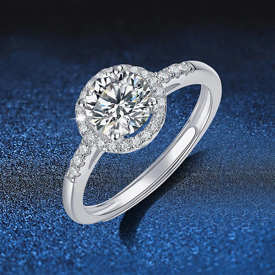 1.0ct Moissanite 925 Sterling Silver Rings GRA Certificate Round Brilliant Cut Geometric White Gold Plated Rings