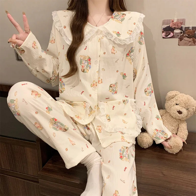 Sweet Cherry Cloud Cotton Long Sleeve Spring Home Clothes Set For Girls Comfortable Breathable Sleepwear Casual Style