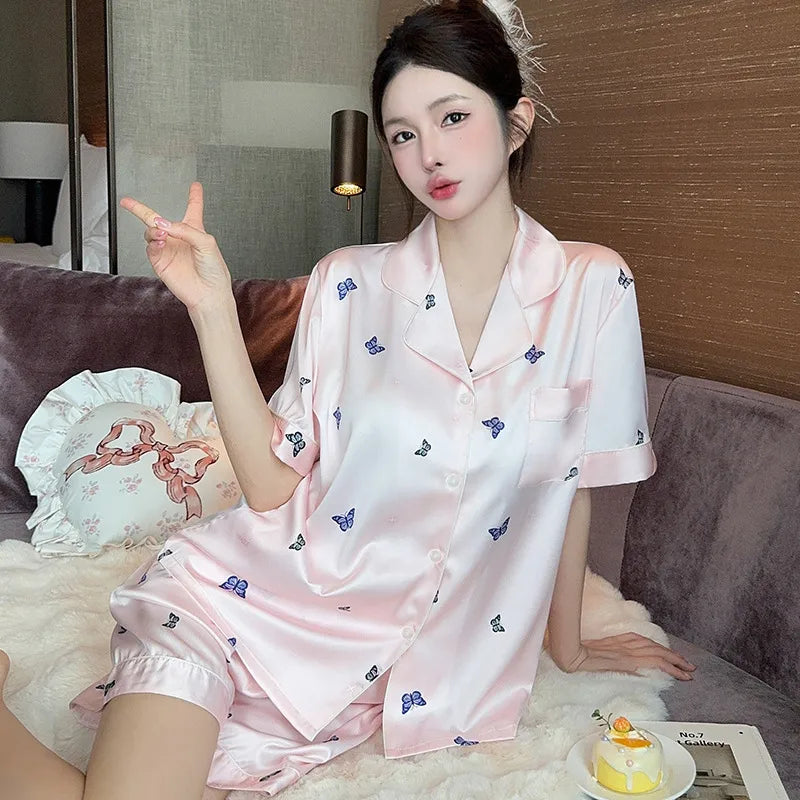 Elegant Ice Silk Sleepwear Women's Summer Butterfly Print Short Sleeve Home Clothes Set Can Be Worn Outside Breathable Casual