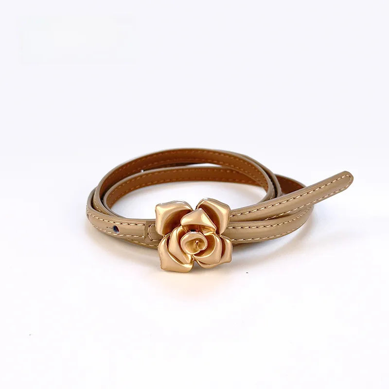 New Genuine Leather Women's Thin Belt Women's Flower Waist Slim Cowhide Women's Belt with Sweater Dress