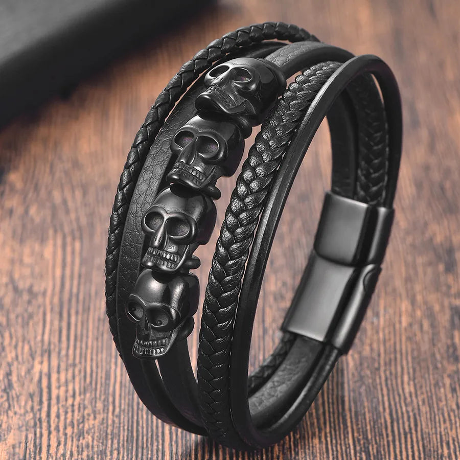 Hip-Hop Geometric Skull 316 Stainless Steel  Leather Polishing Halloween Men's Bracelets