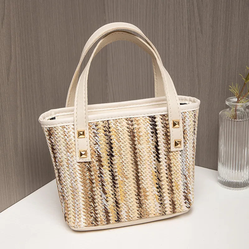Women's Straw Color Block Streetwear Weave Sewing Thread Bucket Zipper Handbag