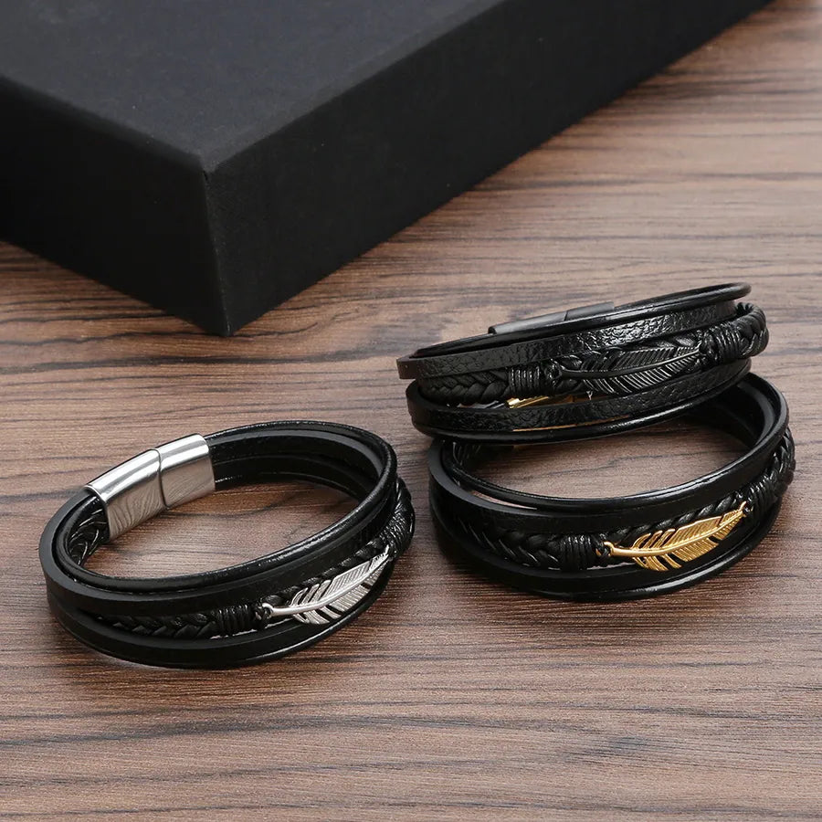 hip-hop rock leaves stainless steel pu leather handmade men's bracelets