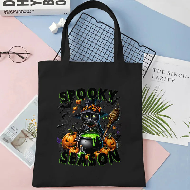 Cute Cat Halloween Party Bag Women Ghost Canvas Tote Bag Harajuku Fashion Shopping Bag Square Shape Large Size Retro Print