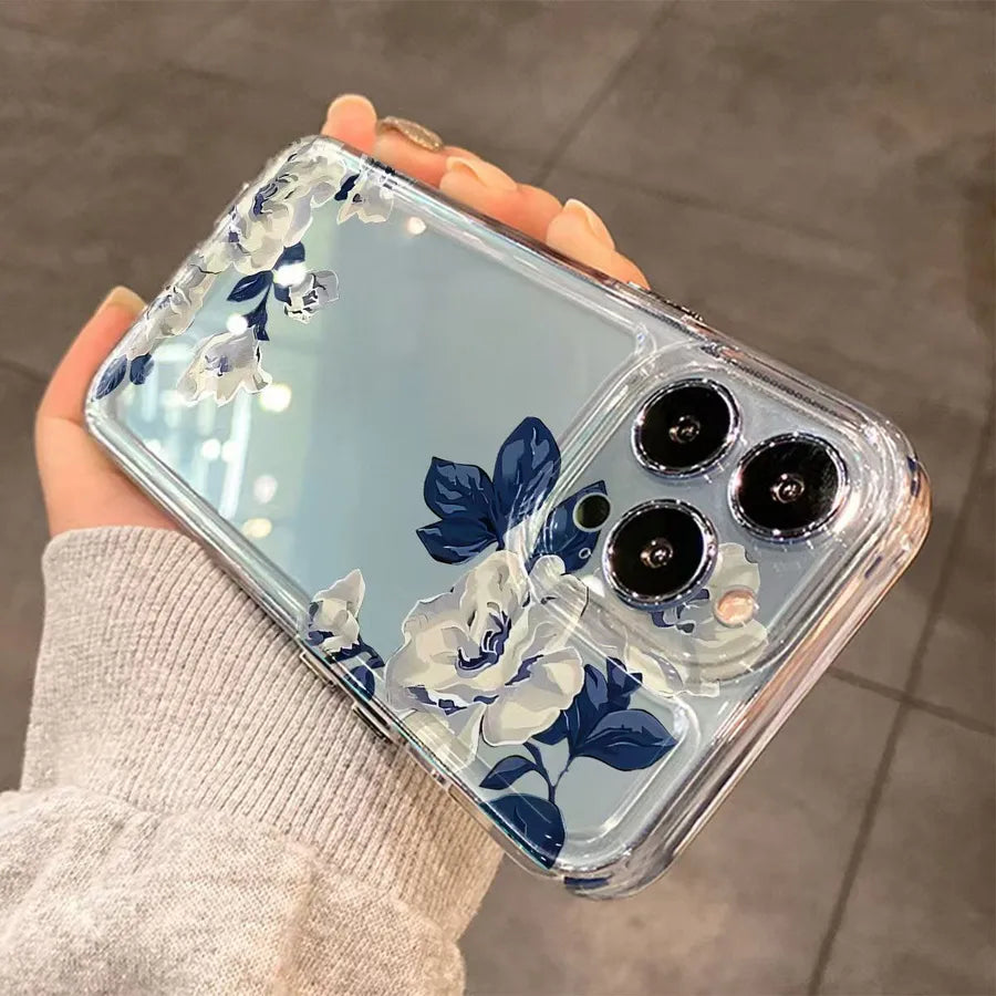 Elegant Blue Floral Design Phone Case For iPhone 15 Pro Max Transparent Space Style Apple 14 Hole Precision TPU Protective Cover