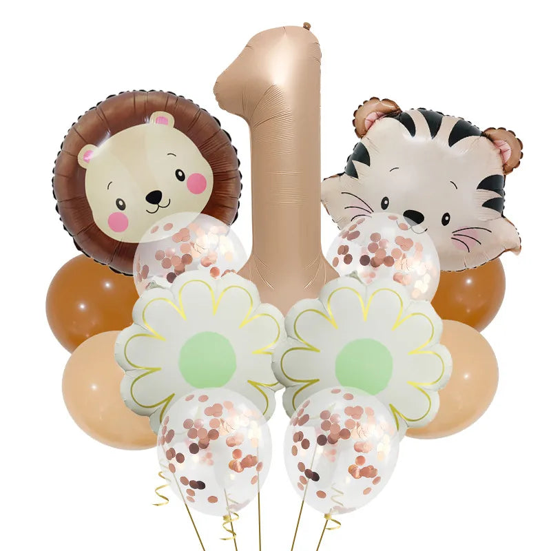 Retro Forest Tiger Lion Animal Balloon Set Caramel Digital Birthday Party Decoration Balloon Aluminum Foil Material