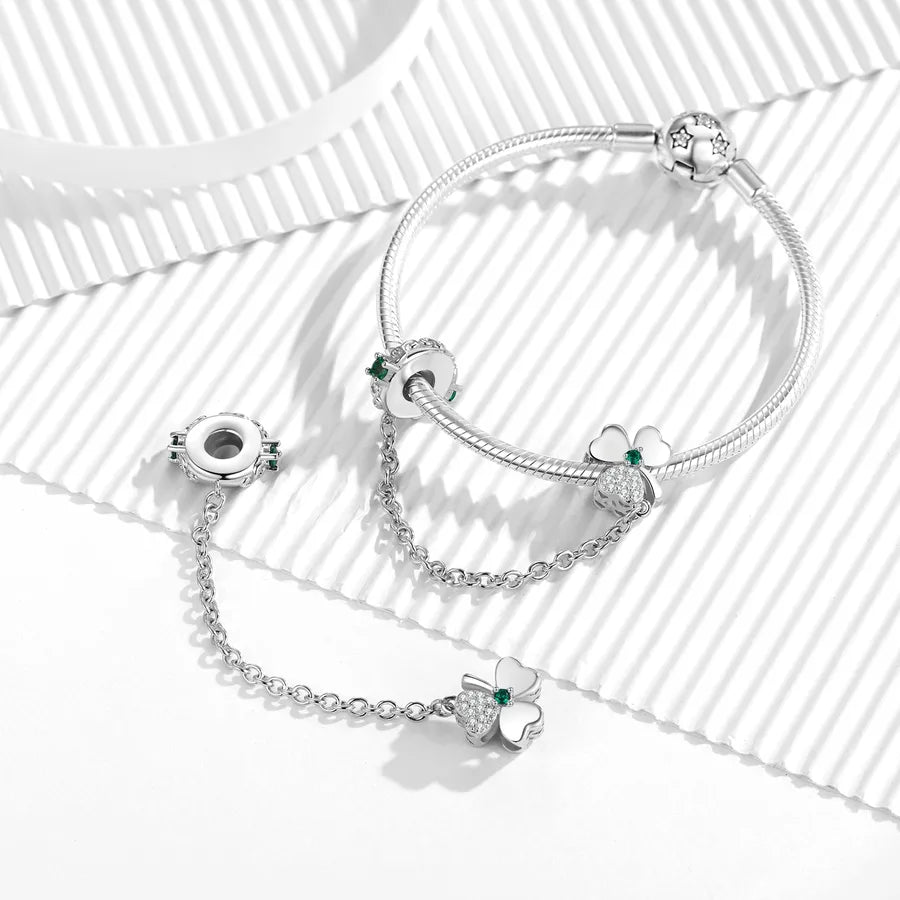 Lucky Three-leaf Clover Safety Chain Pendant Original Design 925 Pure Silver Beads DIY Bracelet Accessories Fashionable  Style Jewelry Gifts For Women