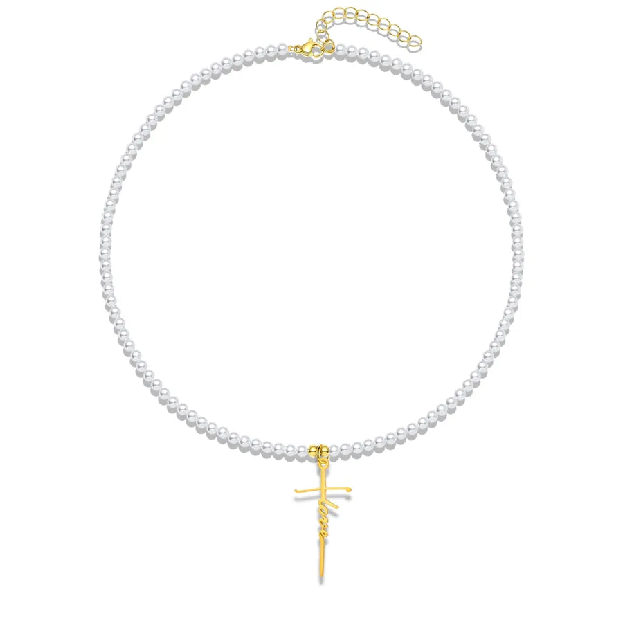Elegant Simple Style Cross Letter 304 Stainless Steel Imitation Pearl Beaded Chain Beaded Necklaces Wholesale
