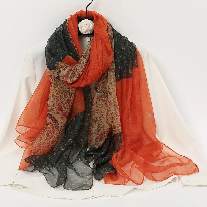 women's elegant lady color block high quality yarn printing silk scarf