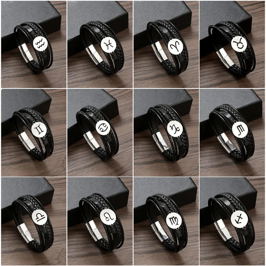 Simple Style Constellation 316 Stainless Steel  Pu Leather Layered Men's Bangle