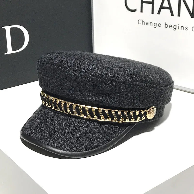 women's elegant business basic solid color chain curved eaves beret hat