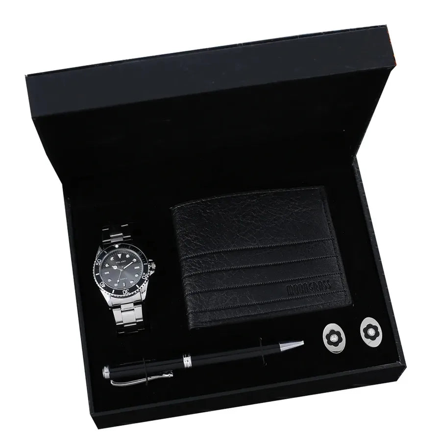 Solid Color Buckle Quartz Men's Watches Gift Set