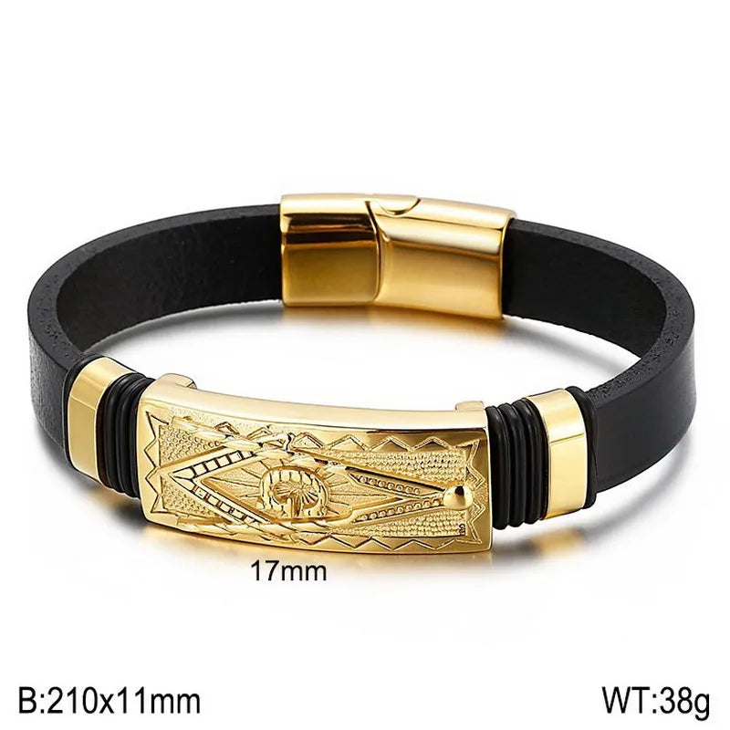 Hip-Hop Retro Color Block Stainless Steel Pu Leather Plating 18K Gold Plated Men's Bangle