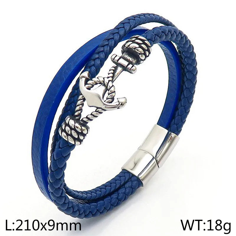 Business Anchor Leather Braid Men's Bangle