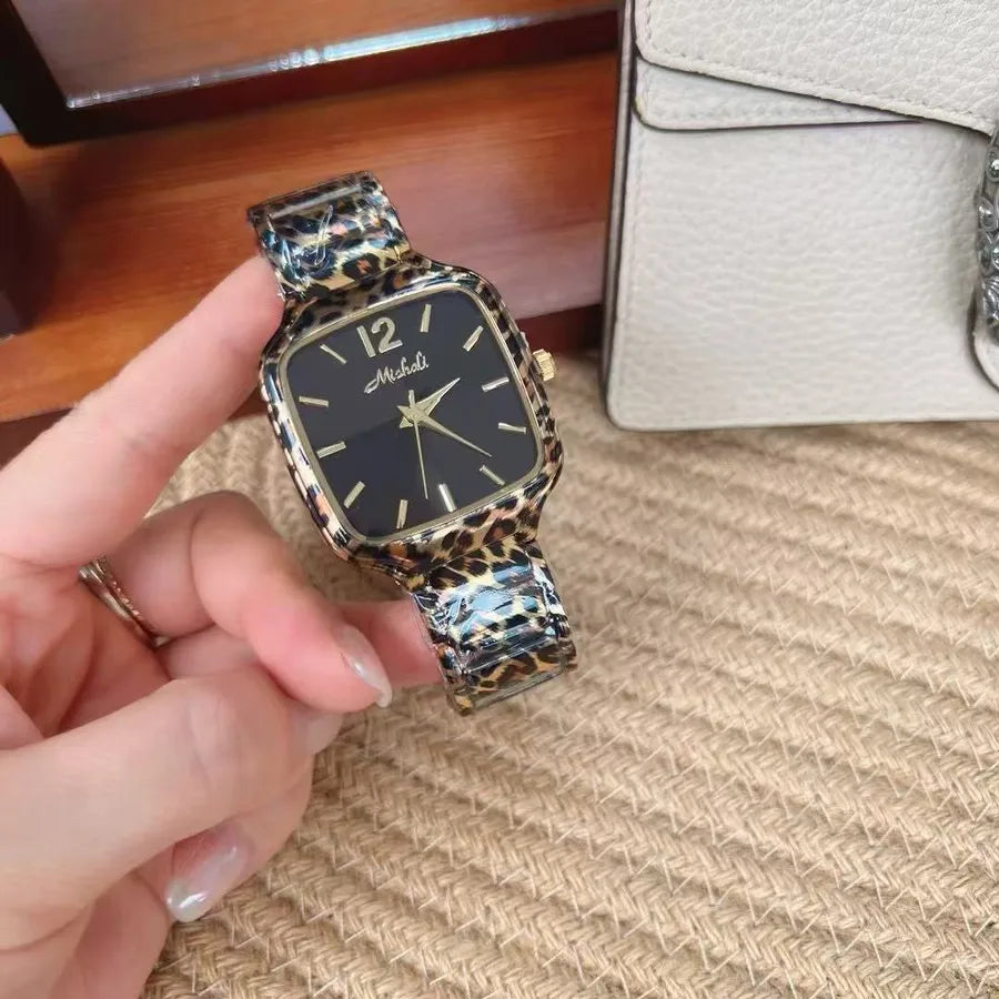 Mishali Square Large Dial Fashionable Women's Watch Stainless Steel Strap Leopard Print Casual Style Quartz Movement Mineral Glass