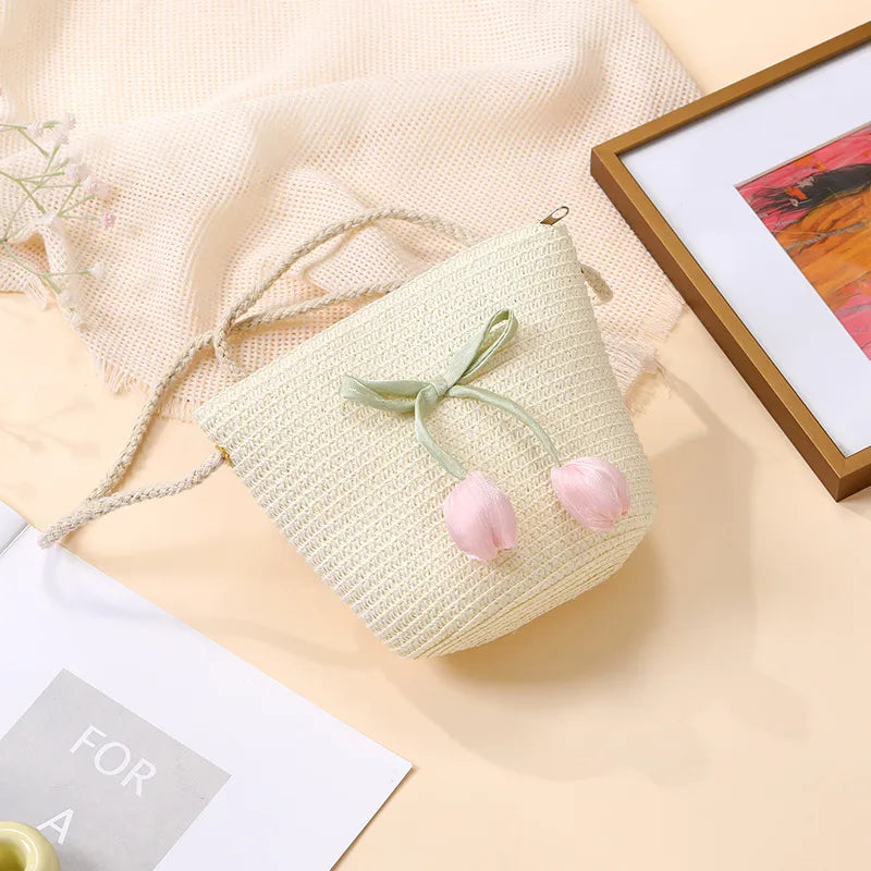 Summer Beach Seaside Tulip Straw Woven Bag  New Children Flower Straw Bag Mobile Phone Crossbody Bag
