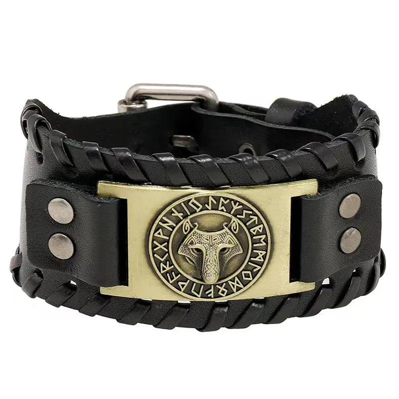 Direct Sales Vintage Weave Leather Bracelet Punk Wolf Head Totem Bracelet Viking Wide Leather Bracelet