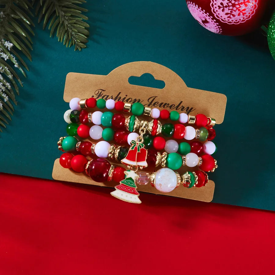 Christmas Theme Acrylic Bracelet Set For Women Elastic Santa Claus And Deer Beads Colorful Holiday Hand Chain Jewelry