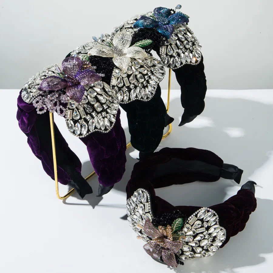 Elegant Luxurious Women's Flower Flannel Inlay Rhinestones Glass Hair Band