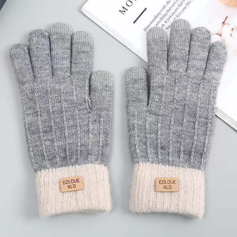 In stock autumn and winter women's knitted gloves fleece-lined thick warm cold-proof outdoor finger touch screen gloves