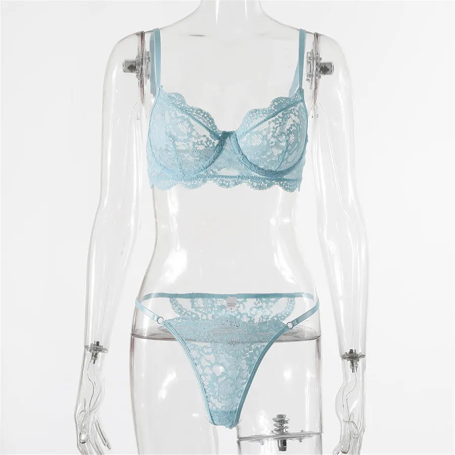 solid color underwire bra sexy lace hollow out mid waist thong sexy lingerie