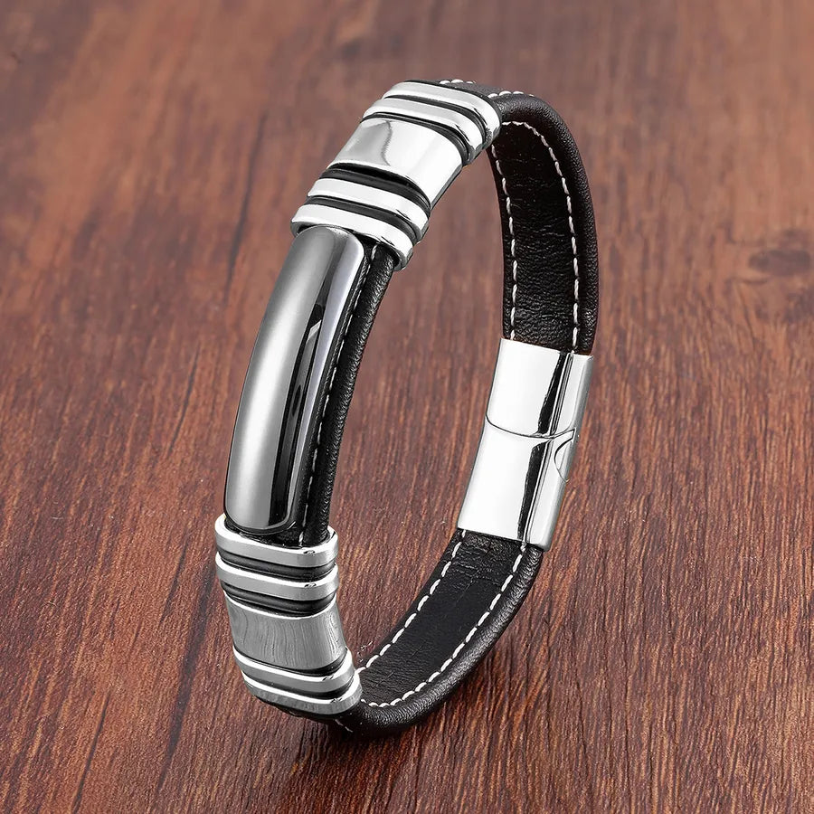 hip-hop punk rectangle pu leather stone metal handmade metal button men's bracelets