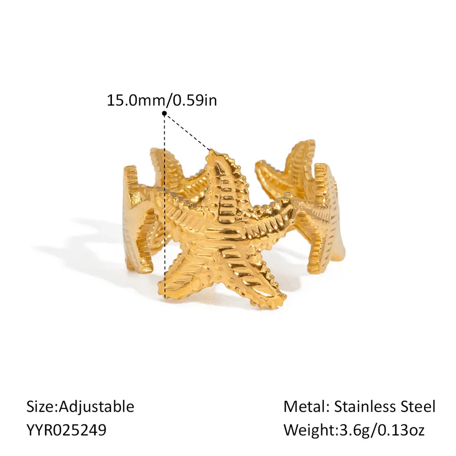 Wholesale Jewelry Elegant Hawaiian Beach Starfish Shell 304 Stainless Steel 18K Gold Plated Polishing Plating Open Rings